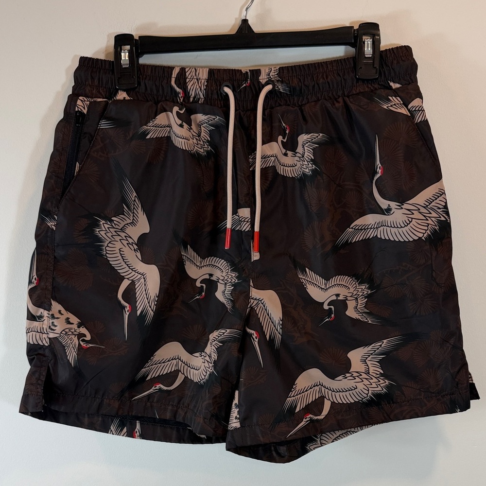 Men's Brown Crane-Print Flat Front Swim Shorts